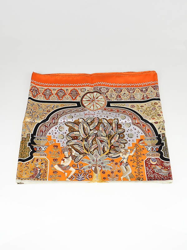 Hermes 90cm Orange/Black/Beige 'Aux Portes Du Palais' Christine Henry Silk Scarf