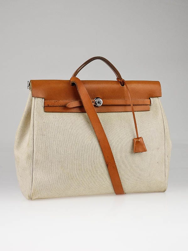 Hermes 35cm Toile/Tan Leather Herbag PM 2-in-1 Bag