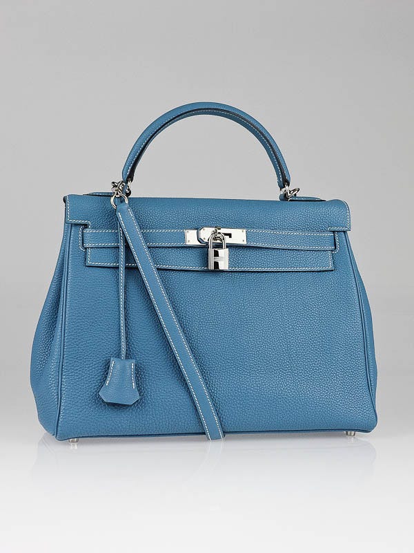 Hermes 32cm Blue Jean Togo Leather Palladium Hardware Kelly Retourne Bag