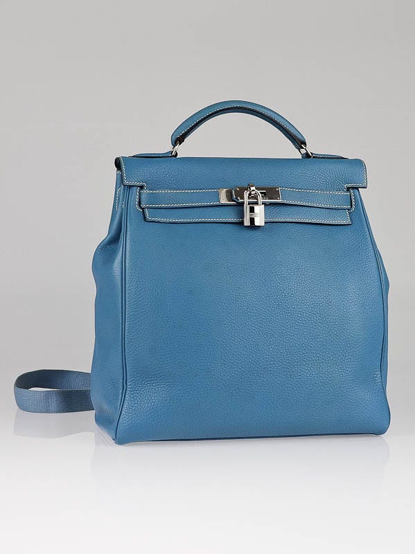 Hermes Blue Jean Clemence Leather Kelly Ado Backpack Bag - Yoogi's Closet