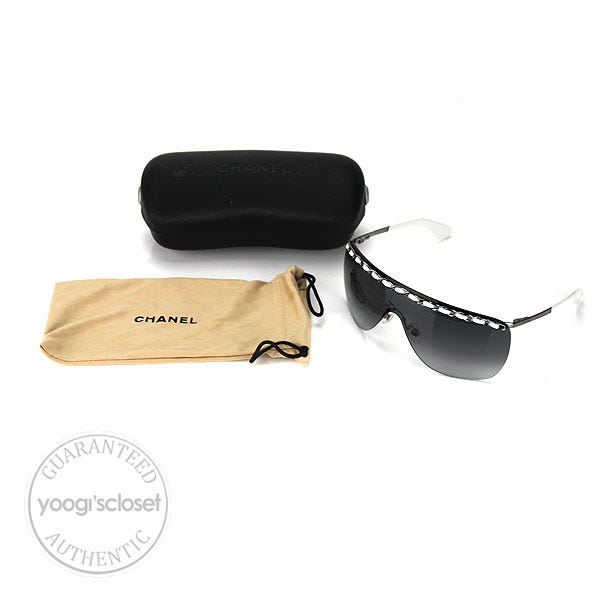 Chanel White Leather Trim Shield Sunglasses 4160-Q - Yoogi's Closet