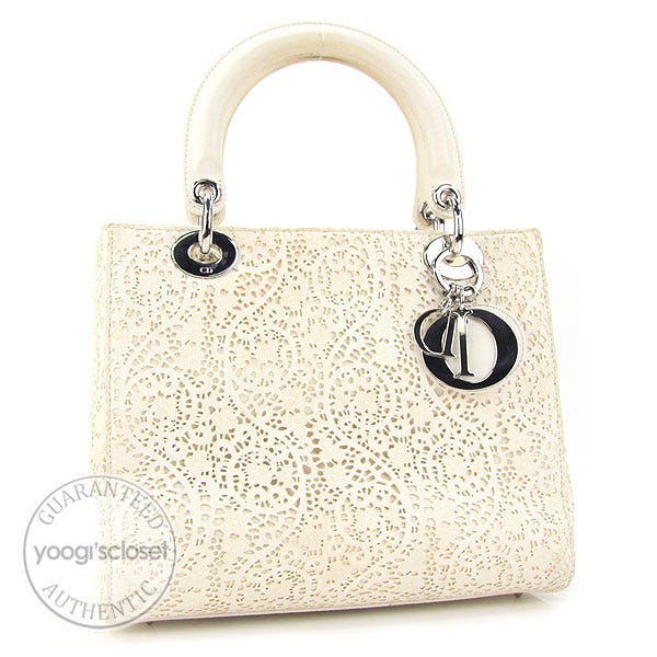 Christian Dior Limited Edition Ivory Laced Leather Lady Dior Tote Bag