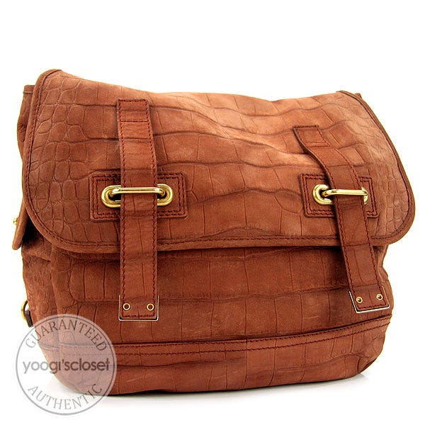 Yves Saint Laurent Nutmeg Brown Croc Embossed Suede Besace Shoulder Bag