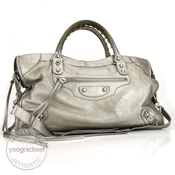 Balenciaga Silver Metallic Chevre Motorcycle City Bag