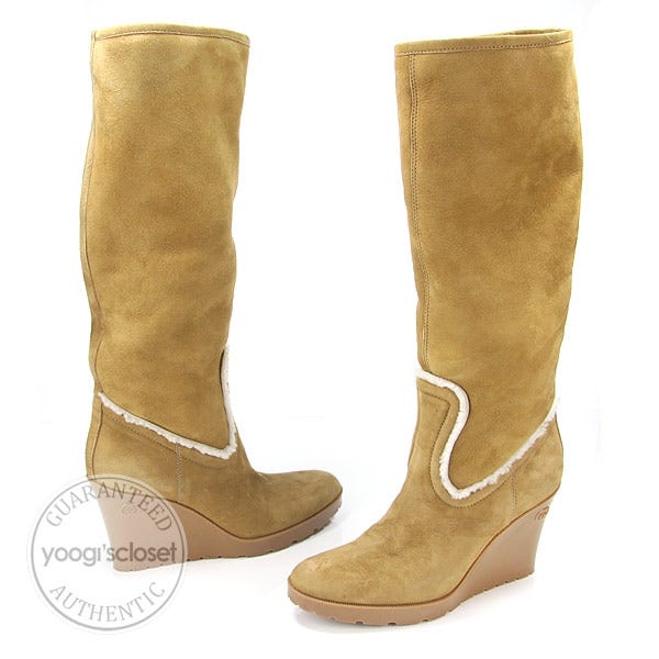 Gucci Tan Suede Shearling Wedges Tall Boots Size 8???« / 38???«
