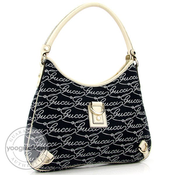 Gucci Navy Blue Signature Logo Canvas D-Ring Medium Hobo Bag