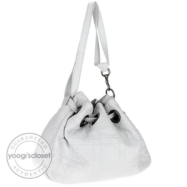 Christian Dior White Quilted Lambskin Cannage Medium Drawstring Tote Bag