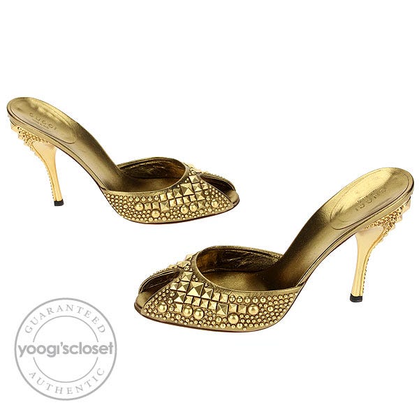 Gucci Gold Leather Studded Peep Toe Slide Mules Size 9 - Yoogi's Closet