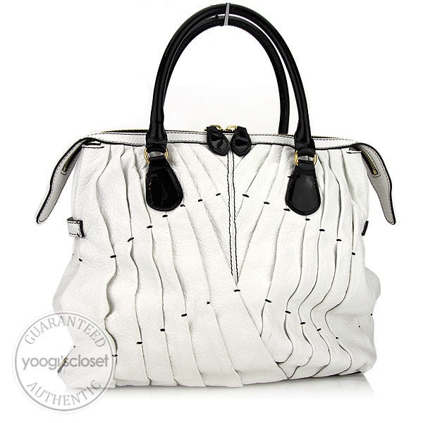 Valentino Garavani White Leather Maison Pintucked Shopper Tote Bag