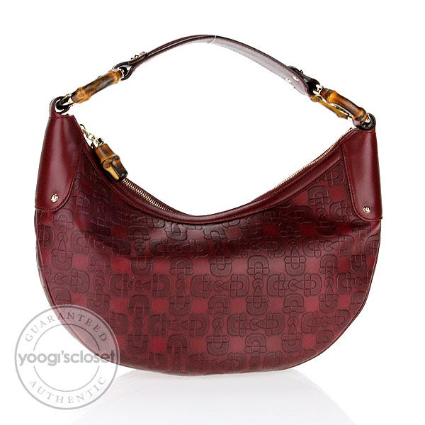 Gucci Red Leather Horsebit Embossed Bamboo Ring Hobo Bag