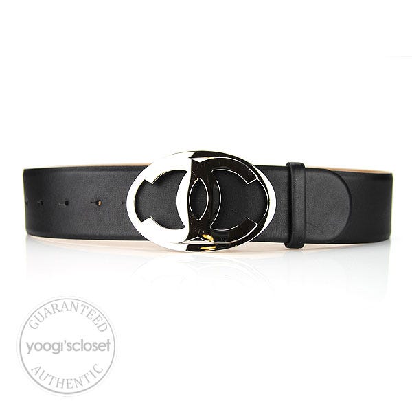 Chanel Black Leather CC Silver Belt - Yoogi's Closet