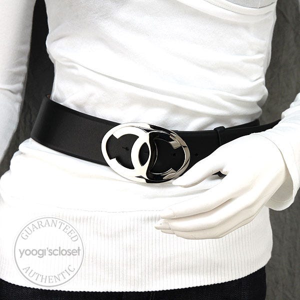 Chanel Black Leather CC Silver Belt - Yoogi's Closet