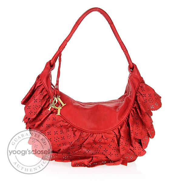 Christian Dior Red Leather Large Gypsy Ruffle Bag