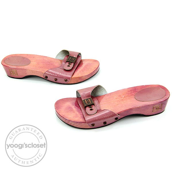 Chanel Pink Wood Glazed Buckle Sandal Mules Size 9.5