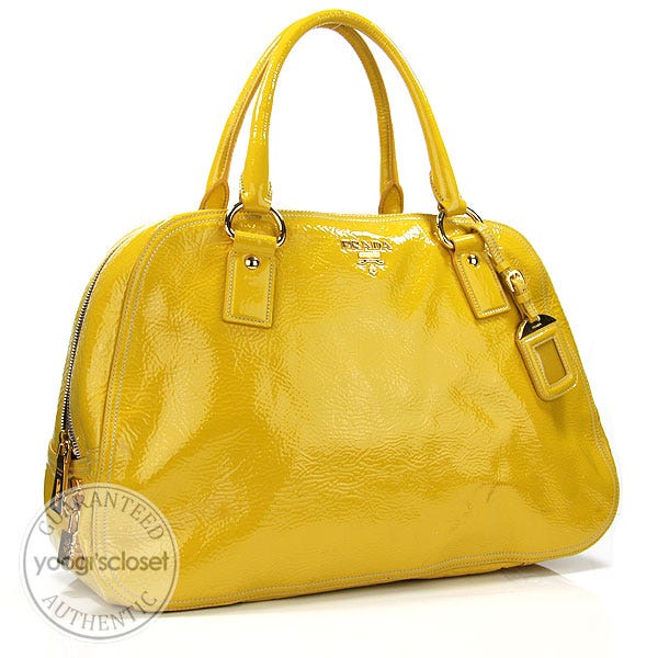 Prada Giallo Crinkled Patent Leather Large Bauletto Tote Bag
