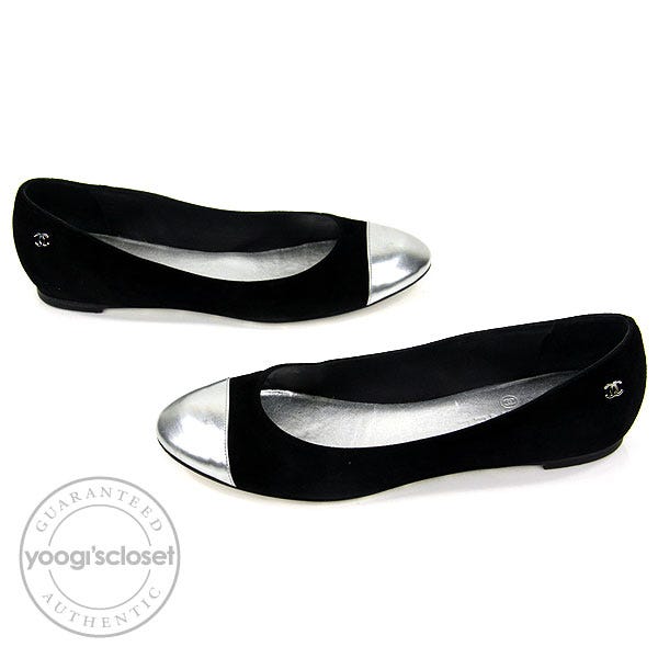 Chanel Black Suede with Silver Toe Cap Ballerina Flats Size 8.5