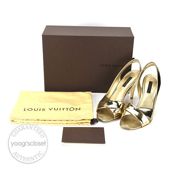 Louis Vuitton Metallic Gold Leather Open Toe Slingback Heels Size