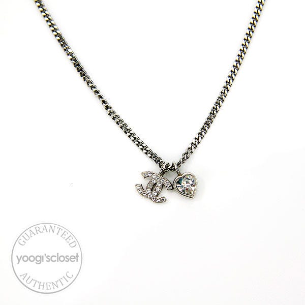 Chanel Silvertone Crystal Heart and CC Logo Necklace - Yoogi's Closet