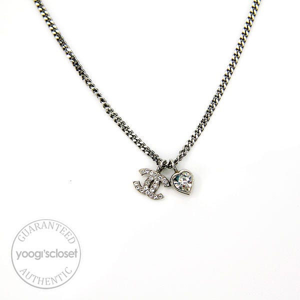 Chanel Silvertone Crystal Heart and CC Logo Necklace