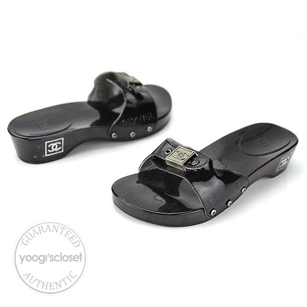 Chanel Black Patent Leather Open Toe Wood Slides Size 6