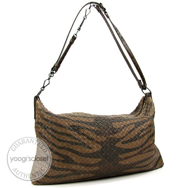 Bottega Veneta Limited Edition Tiger Stripe Brown Woven Leather Large  Messenger Bag - Yoogi's Closet