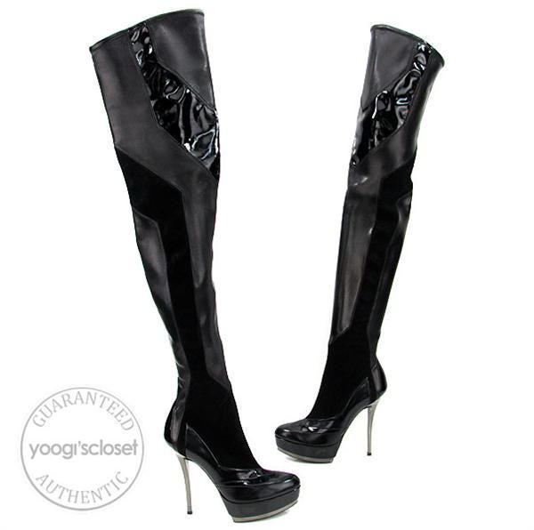 Gucci Black Patent Leather and Suede Division Over-the-Knee Platform Boots 7.5