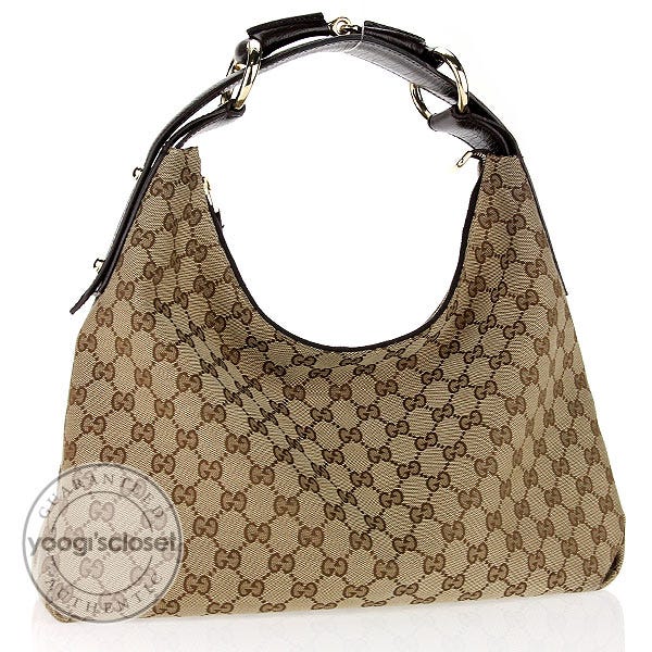 Gucci Beige/Ebony GG Fabric Chain Medium Horsebit Hobo Bag
