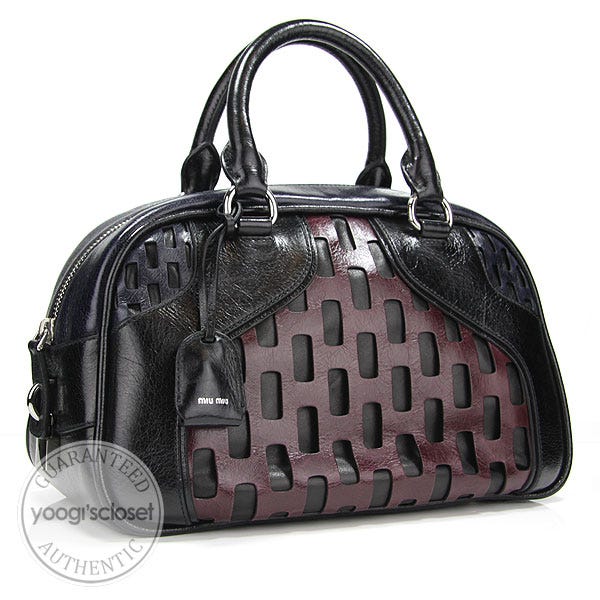 Miu Miu Black/Bordeaux Perforated Leather Bauletto Bag RN0561