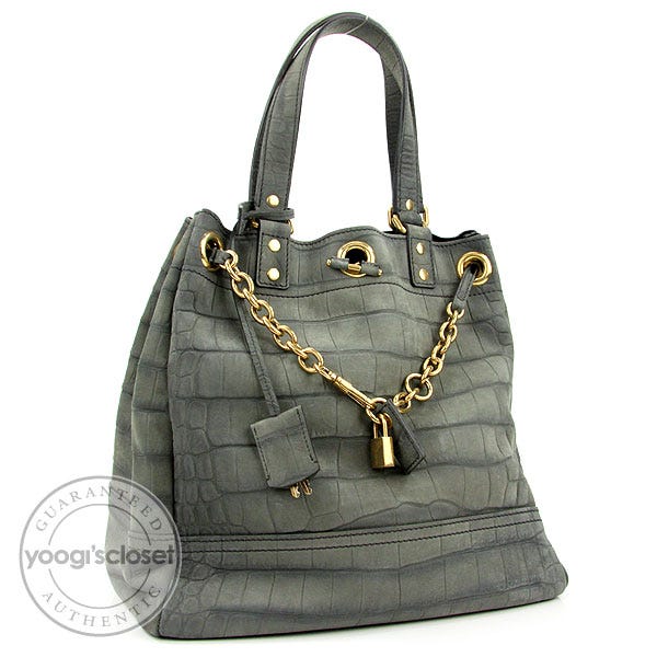 Yves Saint Laurent Grey Croc Embossed Suede Overseas Tote Bag