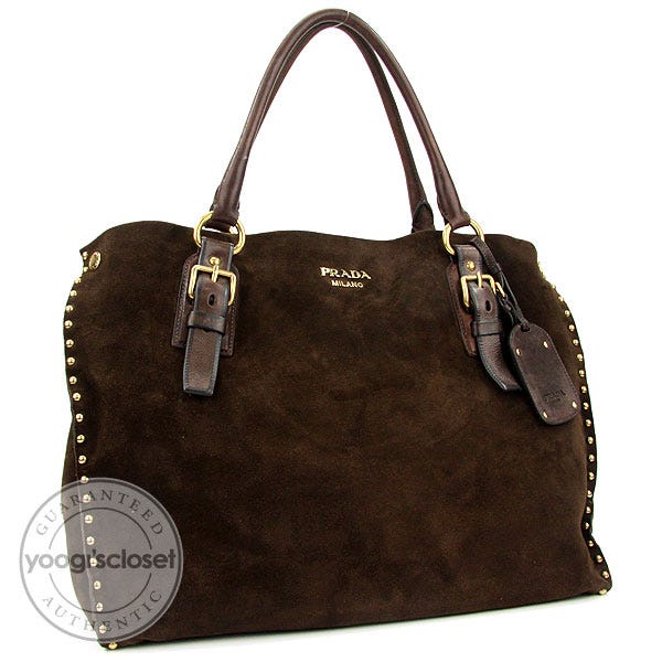 Prada Brown Suede Studded Large Tote Bag