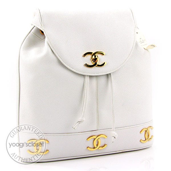 Chanel White Caviar Leather Logo Backpack Bag