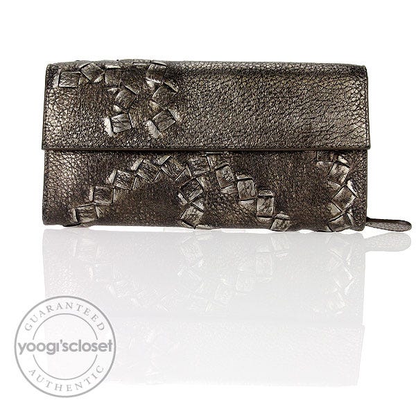 Bottega Veneta Bronze Woven and Pebbled Leather Long Wallet