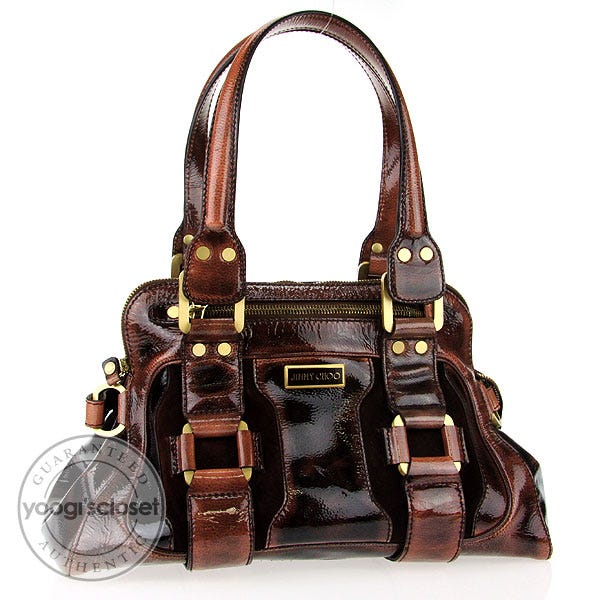 Jimmy Choo Cognac Liquid Patent Leather Malena Bag