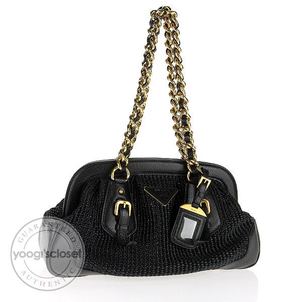 Prada Black Woven Straw and Leather Satchel Bag BR3692