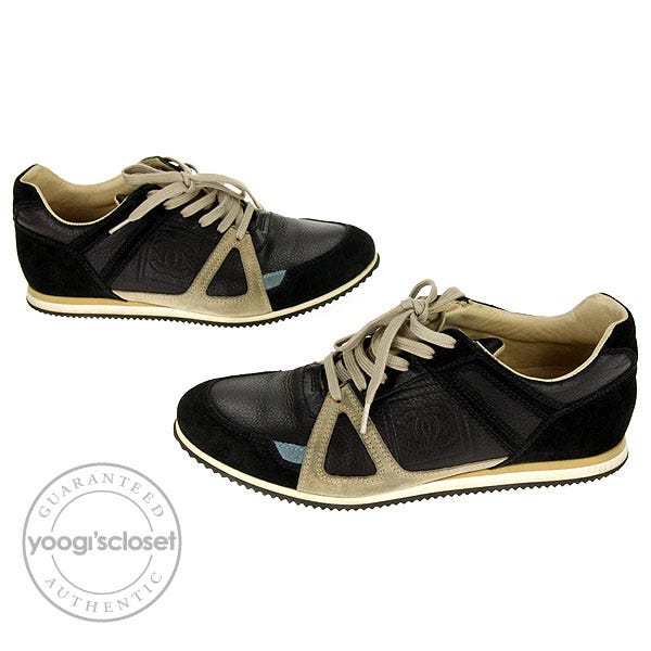 Chanel Black/Tan Leather and Suede CC Logo Sneakers Size 6.5