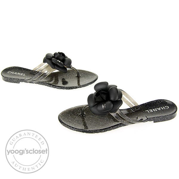 Chanel Black Camellia Flower Rubber Thong Sandals Size 5.5