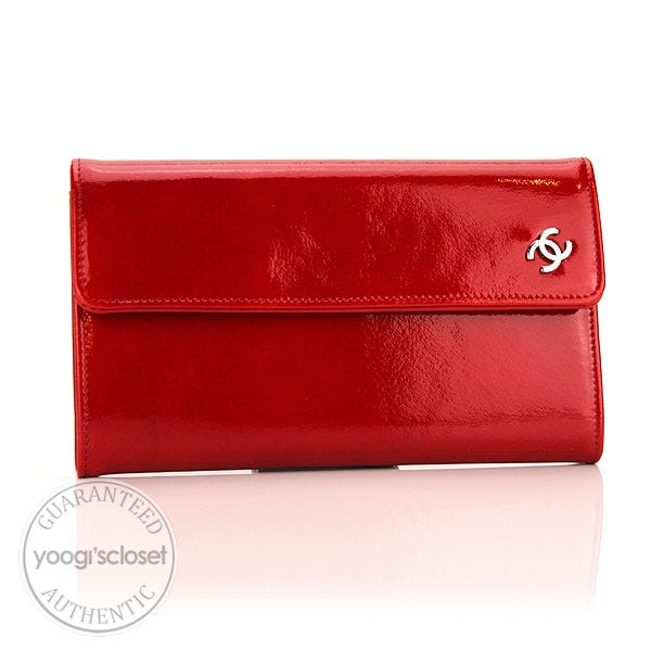Chanel Red Patent Leather CC Logo Long Wallet