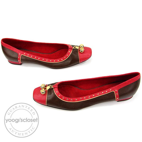 Louis Vuitton Brown Leather Red Lizard Cerises Flats Size 7.5 N