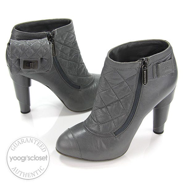 Chanel Dark Grey Leather Mix Quilted Ankle Boots Size 8.5 - Yoogi's Closet
