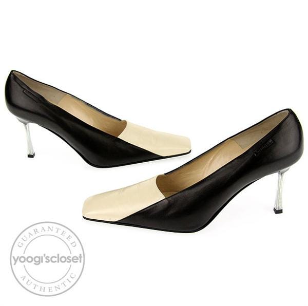 Chanel Black and White Leather Square Toe Heels Size 9.5
