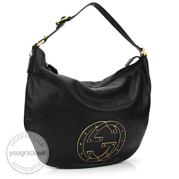 Gucci Black Leather Studded Logo Small Hobo Bag