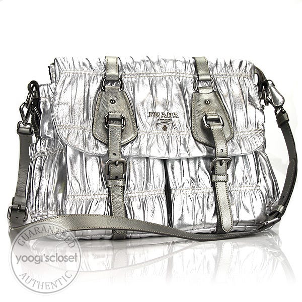 Prada Silver Ruched Lambskin Dressy Gauffre Messenger Bag BT0636