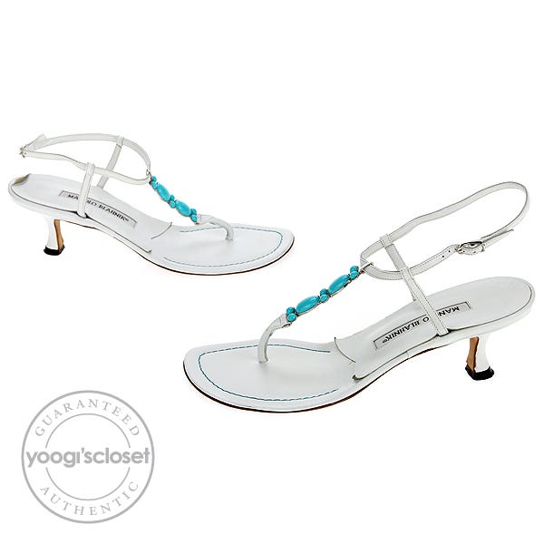 Manolo Blahnik White Leather Dalila Kitten Heel Sandals Size 5.5