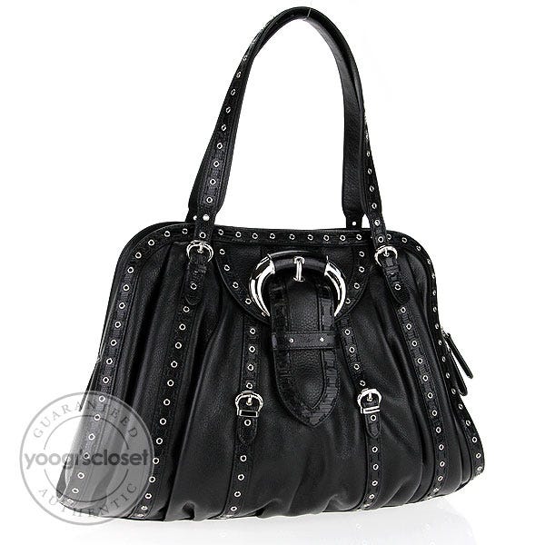 Christian Dior Black Leather Two-Textured Buckle Large Satchel Bag