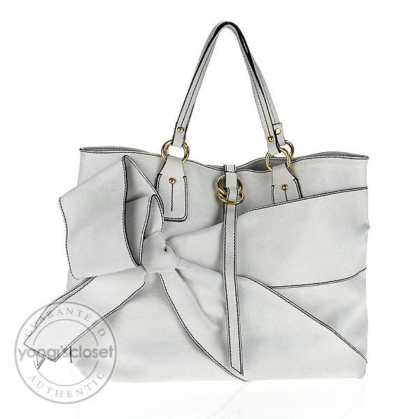 Valentino Garavani White Leather Trim Bow Shopping Tote Bag