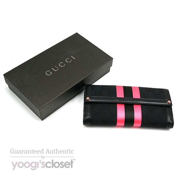 Gucci Black GG Fabric Pink Stripe Long Wallet - Yoogi's Closet
