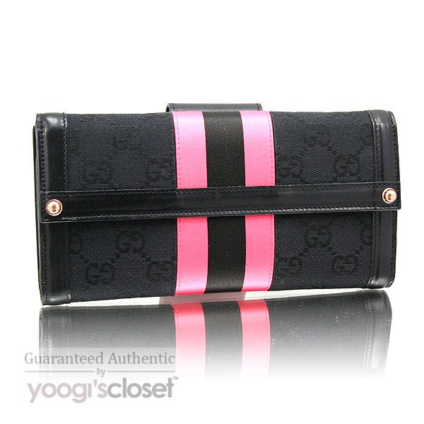 Gucci Black GG Fabric Pink Stripe Long Wallet - Yoogi's Closet