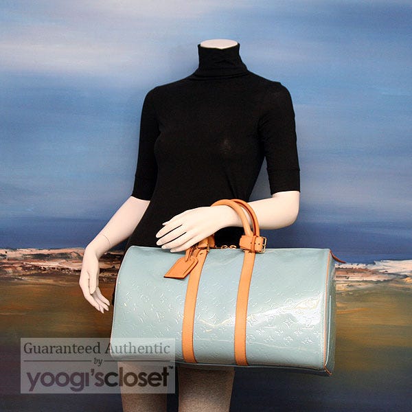 Louis Vuitton Baby Blue Monogram Vernis Mercer Duffel Bag - Yoogi's Closet