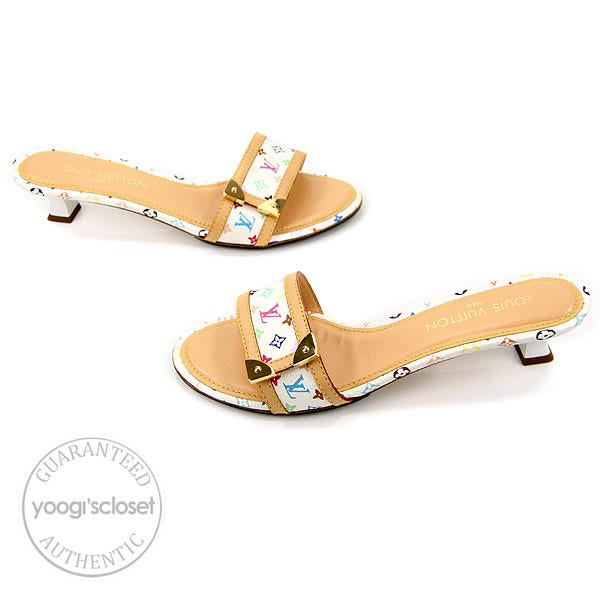 Louis Vuitton White Canvas Monogram Multicolor Open Toe Mules Size 8.5