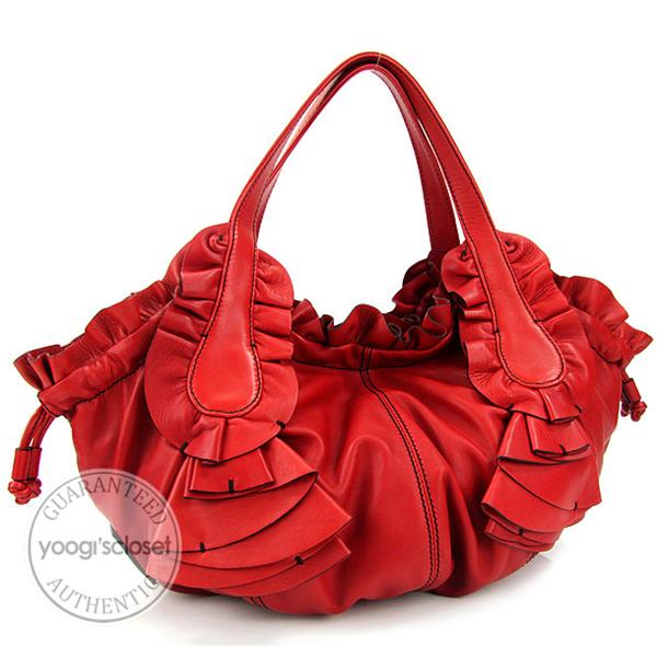 Valentino Red Leather Ruffled Shoulder Bag